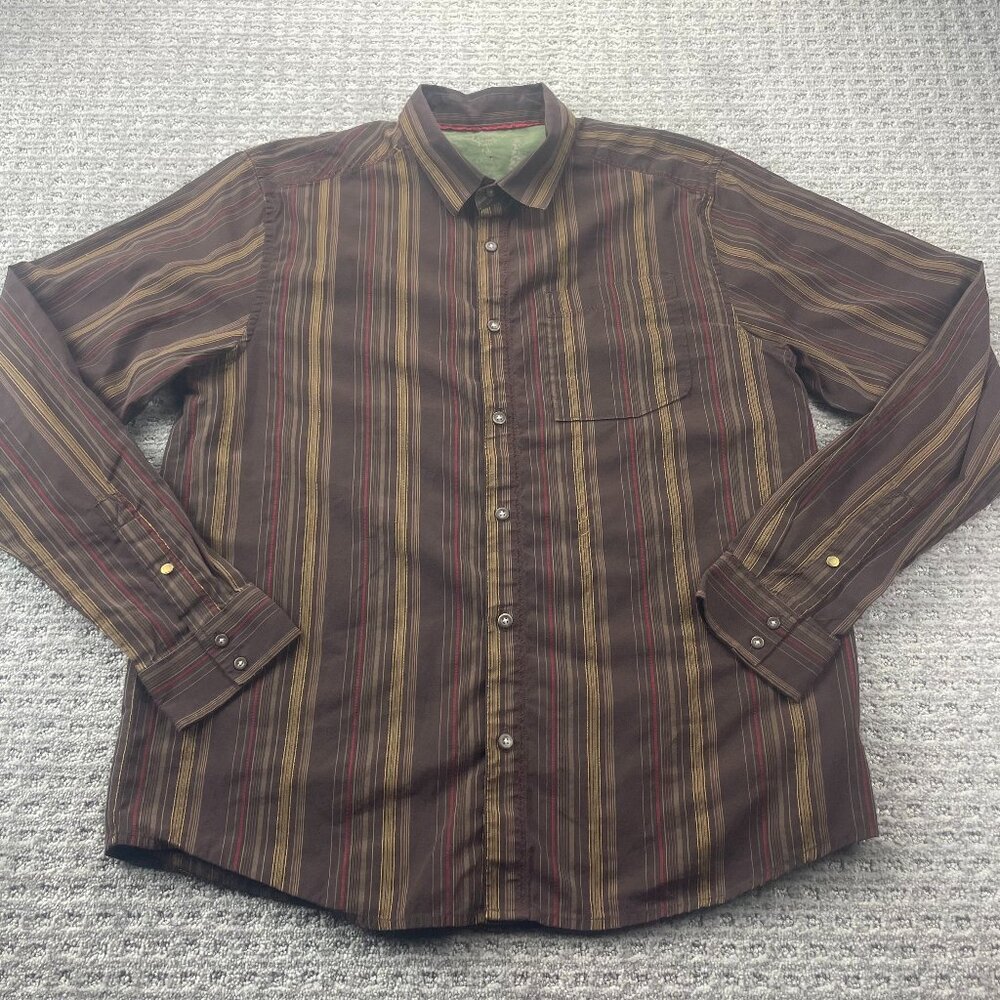 PRANA Button Up Shit Long Sleeve Men Large L Brown Stripe Casual